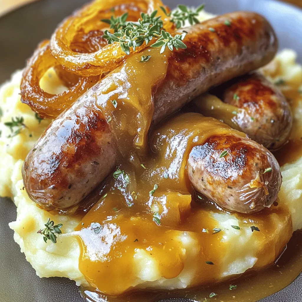 - 4 grobe Schweinswürste oder Rindswürste - 800 g Kartoffeln, geschält und gewürfelt - 1 große Zwiebel, in dünne Ringe geschnitten