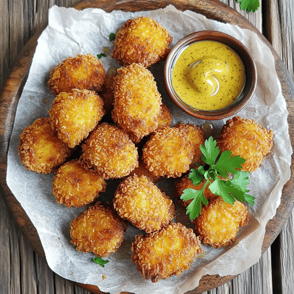 Um perfekte knusprige Hähnchen-Nuggets zu machen, brauchst du einige einfache Zutaten. Hier sind die Hauptzutaten: - 450g Hähnchenbrust, in mundgerechte Stücke geschnitten - 1 Tasse Weizenmehl - 2 große Eier - 1 Tasse Paniermehl (vorzugsweise Panko für extra Knusprigkeit) Diese Zutaten sind grundlegend für die Textur und den Geschmack der Nuggets. Hähnchenbrust sorgt für zartes Fleisch. Weizenmehl hilft, die Nuggets knusprig zu machen. Eier geben der Panade Halt. Panko sorgt für eine besonders knusprige Schicht. Die Gewürze bringen den Geschmack der Nuggets wirklich zur Geltung. Hier sind die wichtigen Gewürze: - 1 Teelöffel Knoblauchpulver - 1 Teelöffel Zwiebelpulver - 1 Teelöffel geräuchertes Paprikapulver - ½ Teelöffel Salz - ½ Teelöffel schwarzer Pfeffer - ½ Teelöffel Cayennepfeffer (optional, für Schärfe) Knoblauch- und Zwiebelpulver geben Geschmack ohne Überwältigung. Geräuchertes Paprikapulver fügt einen rauchigen Ton hinzu. Salz und Pfeffer bringen die Aromen in Balance. Cayennepfeffer gibt einen kleinen Kick, wenn du es magst. Das richtige Öl macht einen großen Unterschied. Verwende ein Öl mit hohem Rauchpunkt. Hier sind einige gute Optionen: - Pflanzenöl - Erdnussöl - Sonnenblumenöl Diese Öle sind ideal, um die Nuggets knusprig zu frittieren. Sie halten hohe Temperaturen gut aus, was für die perfekte Textur wichtig ist. Achte darauf, das Öl auf die richtige Temperatur zu bringen, bevor du die Nuggets hineingibst. Um die perfekten Hähnchen-Nuggets zu machen, beginne mit der Vorbereitung. Du brauchst frische Hähnchenbrust. Schneide sie in kleine Stücke. In einer Schüssel mische das Weizenmehl mit Gewürzen. Diese sind Knoblauchpulver, Zwiebelpulver, geräuchertem Paprikapulver, Salz, Pfeffer und Cayennepfeffer. Nimm eine zweite Schüssel und verquirle die Eier. Diese Mischung hilft, die Panade zu halten. In einer dritten flachen Schüssel gib das Paniermehl. Ich empfehle Panko für extra Knusprigkeit. Nun tauche ein Stück Hähnchen zuerst in die Mehlmischung. Klopfe überschüssiges Mehl ab. Danach geht es in die Eier. Achte darauf, dass die Eimasse gut abtropft. Zum Schluss rolle das Hähnchen im Paniermehl. Wiederhole das mit allen Hähnchenstücken. Die Temperatur ist entscheidend für knusprige Nuggets. Erhitze etwa 2,5 cm Pflanzenöl in einer großen Pfanne auf 175°C. Verwende ein Küchenthermometer, um die Hitze zu kontrollieren. Wenn das Öl zu heiß ist, brennen die Nuggets. Ist es zu kalt, werden sie fettig. Lege die panierten Nuggets vorsichtig ins heiße Öl. Achte darauf, die Pfanne nicht zu überfüllen. Frittiere die Nuggets etwa 4-5 Minuten auf jeder Seite. Sie sollten goldbraun und durchgegart sein. Verwende einen Schaumlöffel, um die fertigen Nuggets auf einen Teller mit Küchenpapier zu legen. So kann überschüssiges Öl abtropfen. Für eine perfekte Panade achte auf das Mehl. Es sollte gut gewürzt sein, damit die Nuggets Geschmack bekommen. Verwende frische Gewürze für das beste Aroma. Die Eier sollten schaumig sein, um gut zu haften. Die Paniermehl-Schicht sollte dick genug sein. Wenn du mehr Knusprigkeit möchtest, mache eine zweite Schicht. Tauche die Nuggets erneut in die Eier und dann wieder ins Paniermehl. Diese Schritte helfen dir, die besten Hähnchen-Nuggets zu machen.Ein häufiger Fehler ist die Temperatur des Öls. Wenn das Öl zu kalt ist, werden die Nuggets fettig. Wenn es zu heiß ist, verbrennen sie außen und bleiben innen roh. Verwende ein Küchenthermometer, um die Temperatur zu messen. Halte sie bei 175°C. Ein weiterer Fehler ist das Überfüllen der Pfanne. Dies senkt die Temperatur und macht die Nuggets weniger knusprig. Frittier die Nuggets in kleinen Mengen für beste Ergebnisse. Um die Nuggets extra knusprig zu machen, verwende Panko-Paniermehl. Panko ist gröber und gibt den Nuggets mehr Textur. Eine andere Methode ist, die Nuggets vor dem Frittieren im Kühlschrank zu lagern. Dies hilft dabei, die Panade besser zu setzen. Du kannst auch eine zweite Schicht Panade hinzufügen. Tauche die Nuggets nach dem ersten Panieren erneut in das Ei und dann in das Paniermehl. Präsentation ist wichtig. Lege die knusprigen Hähnchen-Nuggets auf einen großen Teller mit Backpapier. Serviere sie mit verschiedenen Dips wie Honig-Senf oder BBQ-Sauce. Du kannst auch frische Kräuter wie Petersilie darüber streuen. Das gibt Farbe und einen frischen Geschmack. Für ein schönes Bild kannst du auch Gemüse-Sticks daneben legen. Probiere deine Lieblingsbeilagen, um das Essen zu vervollständigen.{{image_4}} Backen ist eine tolle Option, wenn du die Hähnchen-Nuggets gesünder machen möchtest. Du kannst die Nuggets einfach auf ein Backblech legen. Bedecke sie mit etwas Öl und backe sie bei 200 Grad. Nach 15 bis 20 Minuten sind sie knusprig. Diese Methode spart Fett und macht die Nuggets leichter. Du kannst die Gewürze nach deinem Geschmack anpassen. Magst du es scharf? Füge mehr Cayennepfeffer hinzu. Für ein mildes Aroma, nutze nur Salz und Pfeffer. Experimentiere auch mit Kräutern wie Oregano oder Basilikum. So hast du immer neue Geschmackserlebnisse. Wenn du eine vegane Variante möchtest, ersetze das Hähnchen durch Blumenkohl oder Tofu. Panier die Stücke wie die Hähnchen-Nuggets. Für die Bindung kannst du Pflanzenmilch und eine Mischung aus Mehl und Wasser verwenden. Diese Optionen sind lecker und gesund. Probiere auch verschiedene Pflanzenöle für das Frittieren. Wenn du Hähnchen-Nuggets übrig hast, bewahre sie in einem luftdichten Behälter auf. So bleiben sie frisch. Du kannst sie im Kühlschrank für bis zu drei Tage aufbewahren. Achte darauf, die Nuggets vollständig abkühlen zu lassen, bevor du sie verpackst. Um die Nuggets knusprig zu halten, benutze den Ofen. Heize ihn auf 190°C vor. Lege die Nuggets auf ein Backblech und backe sie für 10 bis 15 Minuten. Alternativ kannst du eine Pfanne verwenden. Erhitze etwas Öl und brate die Nuggets kurz an. So bleiben sie knusprig und lecker. Im Kühlschrank halten sich die Nuggets drei Tage. Wenn du sie länger aufbewahren möchtest, friere sie ein. Im Gefrierschrank sind sie bis zu drei Monate haltbar. Verpacke sie gut in einem geeigneten Behälter oder einem Gefrierbeutel. Achte darauf, die Luft herauszudrücken, um Gefrierbrand zu vermeiden. Um heiße und knusprige Hähnchen-Nuggets zu machen, achte auf die richtige Temperatur des Öls. Erhitze das Pflanzenöl auf etwa 175°C. Wenn das Öl zu kalt ist, werden die Nuggets fettig. Wenn es zu heiß ist, brennen sie außen an, bevor das Innere gar ist. Tauche die Hähnchenstücke vorher in die Mehlmischung, dann in die Eier und schließlich in das Paniermehl. Frittier die Nuggets in kleinen Mengen, damit sie gleichmäßig garen. Dies sorgt für eine optimale Knusprigkeit. Die besten Dips für Hähnchen-Nuggets sind Honig-Senf, BBQ-Sauce und Ranch-Dressing. Diese Dips ergänzen den Geschmack der Nuggets perfekt. Du kannst auch scharfe Saucen oder Ketchup für einen klassischen Geschmack wählen. Wenn du kreativ sein willst, probiere einen Avocado-Dip oder einen Joghurt-Dip mit Kräutern. Diese Kombinationen machen dein Nugget-Erlebnis noch besser. Die besten Hähnchen-Nuggets findest du oft in lokalen Restaurants oder bei Fast-Food-Ketten. Einige Supermärkte bieten auch hochwertige, gefrorene Varianten an. Ich empfehle, nach Nuggets zu suchen, die frisch zubereitet werden. Achte auf Bewertungen und Empfehlungen von Freunden.So weißt du genau, was drin ist, und kannst den Geschmack anpassen. Die Zubereitung von knusprigen Hähnchen-Nuggets ist einfach und macht Spaß. Wir haben die Hauptzutaten und Gewürze besprochen und wie sie den Geschmack beeinflussen. Es gab Tipps zur perfekten Panade und zum Frittieren. Außerdem teilten wir Variationen und Lagerhinweise. Wenn du diese Schritte befolgst und unsere Tipps beachtest, wirst du köstliche Nuggets kreieren. Vertraue auf deine Fähigkeiten in der Küche, um leckere Ergebnisse zu erzielen. Genieße das Kochen und teile die Nuggets mit Freunden und Familie!