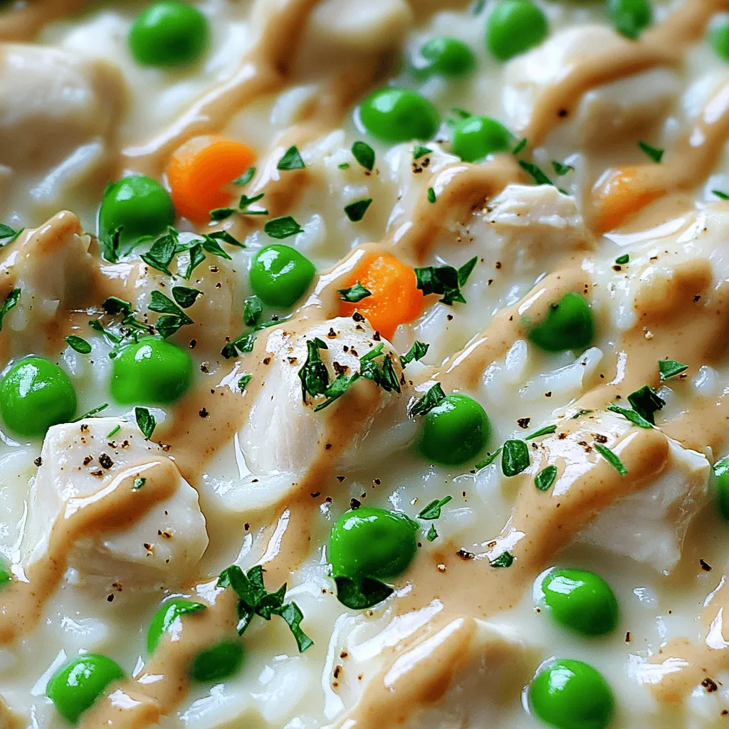 Um cremiges Hühnchen mit Reis zuzubereiten, brauchst du folgende Zutaten: - 2 Hähnchenbrustfilets, gewürfelt - 1 Tasse weißen Reis - 4 Tassen Hühnerbrühe - 1 Tasse Schlagsahne - 1 Esslöffel Olivenöl - 1 Zwiebel, fein gehackt - 2 Knoblauchzehen, fein gehackt - 1 Tasse gefrorene Erbsen und Karotten - 1 Teelöffel getrockneter Thymian - 1 Teelöffel Paprika - Salz und Pfeffer nach Geschmack - Frische Petersilie, gehackt (zum Garnieren) Diese Zutaten sind einfach zu finden und machen dein Gericht lecker. Die richtigen Gewürze machen den Unterschied. Thymian gibt dem Gericht eine schöne Kräuternote. Paprika bringt eine sanfte Süße. Vergiss nicht, Salz und Pfeffer hinzuzufügen. Diese Würze hebt die Aromen hervor. Frische Petersilie ist auch wichtig. Sie sorgt für Farbe und Frische. Du kannst auch andere Kräuter wie Oregano oder Rosmarin ausprobieren. Sei kreativ und finde deinen eigenen Geschmack. Cremiges Hühnchen mit Reis ist schon sehr sättigend. Doch Beilagen können das Essen noch besser machen. Hier sind einige Ideen: - Ein einfacher grüner Salat - Gedämpftes Gemüse wie Brokkoli oder grüne Bohnen - Knuspriges Brot oder Brötchen Mit diesen Beilagen hast du eine ausgewogene Mahlzeit. Du kannst auch einen frischen Dip dazu servieren. Probiere, was dir am besten schmeckt! Zuerst würfle die Hähnchenbrustfilets in kleine Stücke. Das macht das Kochen einfacher. Erhitze dann das Olivenöl in einer großen Pfanne. Wenn das Öl heiß ist, füge die Hähnchenstücke hinzu. Würze sie mit Salz, Pfeffer, Thymian und Paprika. Brate das Hähnchen für 5-7 Minuten an, bis es goldbraun ist. Danach nimm das Hähnchen aus der Pfanne und lege es beiseite. In derselben Pfanne kommen jetzt die fein gehackte Zwiebel und der Knoblauch. Brate sie für 3-4 Minuten an. Die Zwiebel sollte weich und durchsichtig werden. Das gibt dem Gericht viel Geschmack. Rühre zwischendurch um, damit nichts anbrennt. Jetzt ist es Zeit, den Reis hinzuzufügen. Gib den weißen Reis in die Pfanne und rühre ihn gut um. Lass ihn für etwa 2 Minuten anbraten. Das hilft, den Reis mit den Aromen zu verbinden. Gieße dann die Hühnerbrühe in die Pfanne und bringe sie zum Kochen. Reduziere die Hitze, decke die Pfanne ab und lass den Reis 15 Minuten köcheln. Der Reis sollte die Brühe aufnehmen und gar werden. Wenn der Reis fertig ist, füge die Schlagsahne hinzu. Gib auch die gefrorenen Erbsen und Karotten dazu. Rühre alles gut um, damit sich die Zutaten verbinden. Jetzt kommt das gekochte Hähnchen zurück in die Pfanne. Lass alles für weitere 5 Minuten simmern. So können sich die Aromen wunderbar vermischen. Schmecke das Gericht ab und füge nach Bedarf mehr Salz und Pfeffer hinzu. Wenn alles gut gewürzt ist, ist dein cremiges Hühnchen mit Reis bereit. Richte es auf Tellern an und garniere es mit frischer, gehackter Petersilie. Jetzt kannst du dein leckeres Gericht genießen!Die Soße ist der Star dieses Gerichts. Um die perfekte Konsistenz zu erreichen, achte auf die Menge der Schlagsahne. Sie macht die Soße cremig. Beginne mit einer Tasse. Wenn du eine dickere Soße magst, füge mehr hinzu. Die Hühnerbrühe hilft auch. Sie bringt Tiefe und Geschmack. Koche alles sanft, damit die Aromen sich gut verbinden. Rühre regelmäßig um, um ein Anbrennen zu vermeiden. Zeitmanagement ist wichtig, besonders in der Küche. Bereite alle Zutaten vor, bevor du anfängst. Schneide das Hähnchen, hacke Zwiebel und Knoblauch und messe den Reis ab. Wenn du alles bereit hast, sparst du Zeit. Während das Hähnchen brät, kannst du die Zwiebeln anbraten. So geht alles schneller. Verwende einen Timer, um die Kochzeiten im Blick zu behalten. Ein häufiger Fehler ist das Überkochen des Reises. Achte darauf, die Hitze zu reduzieren, sobald die Brühe kocht. Abdecken ist wichtig, um Dampf zu halten. Ein anderer Fehler ist, die Soße nicht abzuschmecken. Probiere sie während des Kochens. Wenn du mehr Salz oder Gewürze brauchst, füge sie hinzu. Vergiss nicht, die Petersilie frisch zu hacken. Sie verleiht dem Gericht Farbe und Frische. Das sind einfache Schritte, aber sie machen einen großen Unterschied. {{image_4}} Du kannst dieses Gericht leicht vegetarisch machen. Ersetze das Hühnchen durch Tofu oder Kichererbsen. Die Zubereitung bleibt gleich. Das Ergebnis ist ebenso cremig und lecker. Fühle dich frei, mehr Gemüse hinzuzufügen! Möhren, Paprika oder Brokkoli passen gut. Sie bringen Farbe und Nährstoffe. Einfach das Gemüse zusammen mit der Zwiebel anbraten. So erhältst du mehr Textur und Geschmack. Wenn du es schärfer magst, füge Chili oder Curry hinzu. Beginne mit einer kleinen Menge. So kannst du die Schärfe kontrollieren. Du wirst überrascht sein, wie gut die Gewürze mit dem cremigen Reis harmonieren. Es macht das Gericht noch aufregender und schmackhafter. Um die Reste von cremigem Hühnchen und Reis gut zu lagern, nutze einen luftdichten Behälter. Lass das Gericht zuerst auf Raumtemperatur abkühlen. Danach kannst du es in den Kühlschrank stellen. So bleibt es frisch und lecker für bis zu drei Tage. Beim Aufwärmen empfehle ich, die Reste in einer Pfanne bei mittlerer Hitze zu erhitzen. Füge einen Schuss Hühnerbrühe oder Wasser hinzu, um die Feuchtigkeit zu erhalten. Du kannst auch die Mikrowelle nutzen. Stelle die Reste in eine mikrowellengeeignete Schüssel, decke sie ab und erwärme sie in kurzen Intervallen. Das Einfrieren von cremigem Hühnchen und Reis ist eine tolle Möglichkeit, Reste zu nutzen. Teile das Gericht in Portionen und lege diese in gefriergeeignete Beutel. Achte darauf, so viel Luft wie möglich zu entfernen. Im Gefrierfach bleibt es bis zu drei Monate frisch. Zum Auftauen lege die Portionen über Nacht in den Kühlschrank. Du kannst viele Dinge anpassen. Probiere verschiedene Gemüsesorten aus. Brokkoli oder Paprika geben mehr Farbe. Du kannst auch verschiedene Gewürze nutzen. Curry oder italienische Kräuter bieten neuen Geschmack. Wenn du es schärfer magst, füge Chili hinzu. Für eine glutenfreie Option benutze Quinoa statt Reis. Cremiges Hühnchen und Reis passt gut zu vielen Beilagen. Ein frischer Salat bringt einen tollen Kontrast. Auch gedünstetes Gemüse ist eine gute Wahl. Knoblauchbrot ergänzt das Gericht perfekt. Wenn du Kartoffeln magst, probiere Kartoffelpüree. Ja, du kannst die Sahne ersetzen. Griechischer Joghurt oder Kokosmilch sind gute Alternativen. Sie machen das Gericht leichter. Achte darauf, die Menge anzupassen. Wenn du Joghurt nimmst, füge ihn am Ende hinzu. So bleibt es cremig, ohne zu kochen. Das Gericht hält sich gut im Kühlschrank. Du kannst es 3 bis 4 Tage aufbewahren. Stelle sicher, dass es gut verpackt ist. Wenn du es länger aufbewahren willst, friere es ein. So bleibt der Geschmack erhalten. Das Gericht ist nahrhaft und lecker. Eine Portion enthält etwa 400 Kalorien. Es bietet viel Protein durch das Hähnchen. Der Reis liefert wichtige Kohlenhydrate. Die Erbsen und Karotten bringen Vitamine und Ballaststoffe. Dies macht es zu einer ausgewogenen Mahlzeit. Cremiges Hühnchen mit Reis ist einfach zuzubereiten. Wir haben wichtige Zutaten und Gewürze besprochen. Die Schritt-für-Schritt-Anleitung macht es leicht, dieses Gericht zu kochen. Tipps und Tricks helfen dir, die perfekte Soße zu machen. Du kannst auch Variationen ausprobieren, wie eine vegetarische Version. Achte auf die Lagerinformationen, damit Reste frisch bleiben. Experimentiere mit den Beilagen, um dein Gericht zu verfeinern. Kochen soll Spaß machen! Das Ergebnis wird dich und deine Familie begeistern.