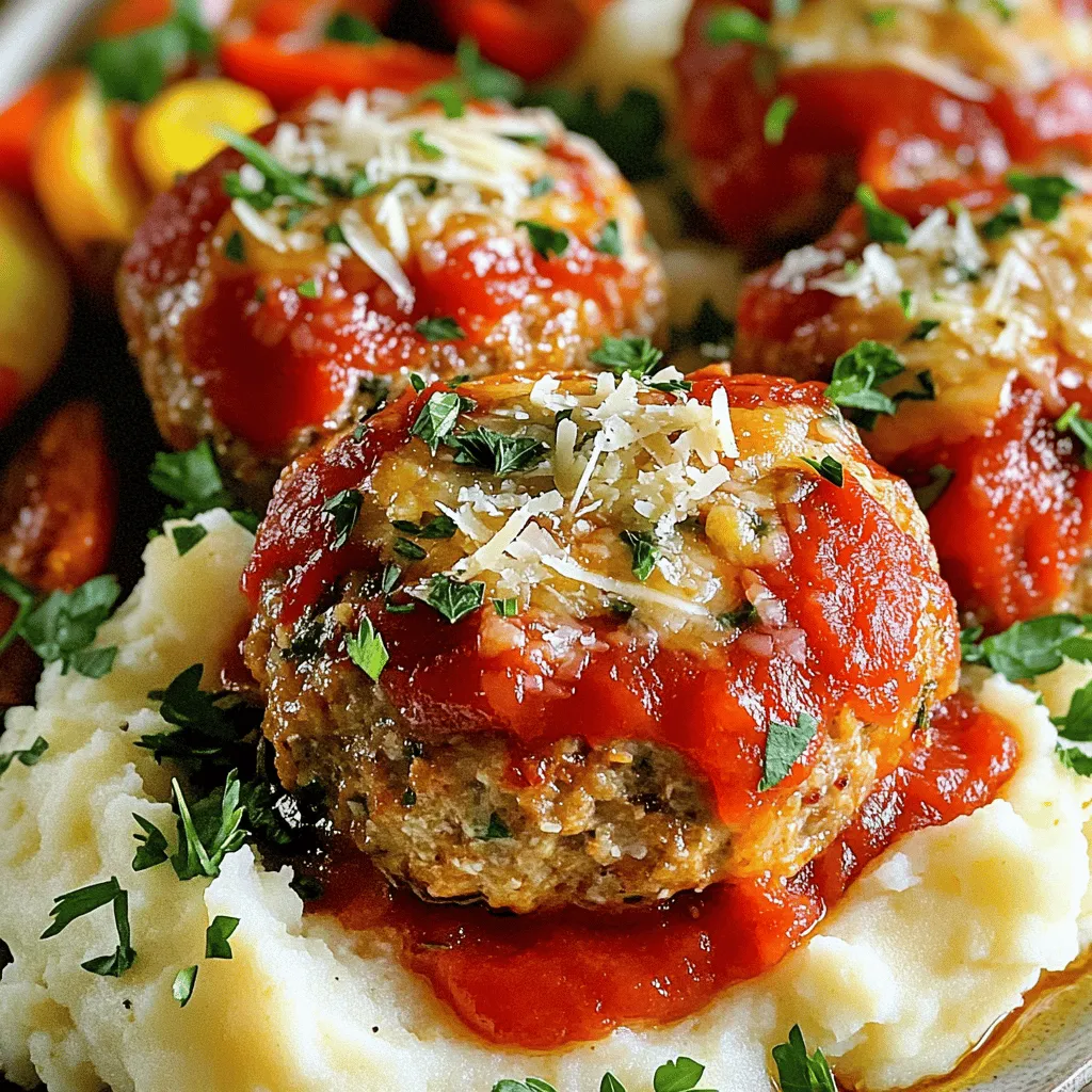 - 450 g gemahlenes Hühnchen - 1 Tasse Semmelbrösel (vorzugsweise Panko) - 120 g geriebener Parmesan - 2 Knoblauchzehen, fein gehackt - 60 g frisch gehackte Petersilie - 60 ml Milch - 1 großes Ei, leicht geschlagen - 1 Teelöffel getrocknete italienische Kräuter (Oregano, Basilikum, Thymian) - Salz und Pfeffer nach Geschmack - 120 ml Marinara-Sauce (zum Überbacken) - 2 Esslöffel Olivenöl Für die Semmelbrösel empfehle ich Panko. Panko gibt den Fleischlaiben eine schöne Textur. Wenn Sie kein Panko haben, können Sie normale Semmelbrösel verwenden. Sie sind nicht so knusprig, aber sie funktionieren auch gut. Frischer Knoblauch bringt mehr Geschmack als getrockneter. Verwenden Sie frische Petersilie für einen besseren Duft. Achten Sie beim Kauf auf frische Kräuter. Frische Kräuter geben den Fleischlaiben einen tollen Geschmack. Wählen Sie hochwertigen Parmesan. Der Geschmack von echtem Parmesan hebt die Aromen. Verwenden Sie frische Zutaten, wann immer möglich. So erhalten die Fleischlaibe mehr Tiefe und einen reicheren Geschmack. Heize deinen Ofen auf 190 °C vor. Das sorgt für ein gleichmäßiges Backen. Während der Ofen aufheizt, kannst du die Zutaten vorbereiten. Du benötigst: - 450 g gemahlenes Hühnchen - 1 Tasse Semmelbrösel (vorzugsweise Panko) - 120 g geriebener Parmesan - 2 Knoblauchzehen, fein gehackt - 60 g frisch gehackte Petersilie - 60 ml Milch - 1 großes Ei, leicht geschlagen - 1 Teelöffel getrocknete italienische Kräuter - Salz und Pfeffer nach Geschmack - 120 ml Marinara-Sauce (zum Überbacken) - 2 Esslöffel Olivenöl Sorge dafür, dass du alles bereit hast. So geht es schneller und einfacher. Nimm eine große Schüssel und gib das gemahlene Hühnchen hinein. Füge die Semmelbrösel, den Parmesan, den Knoblauch und die Petersilie hinzu. Gieße die Milch und das geschlagene Ei dazu. Jetzt kommt der spannende Teil! Füge die italienischen Kräuter hinzu und würze die Mischung mit Salz und Pfeffer. Vermische alles vorsichtig. Achte darauf, nicht zu übermixen. Das macht die Fleischlaibe zäh. Teile die Mischung in 6 gleich große Portionen. Forme jede Portion zu einem kleinen Laib. Lege diese auf ein mit Backpapier ausgelegtes Blech. Jetzt kommt die Geduld. Beträufle die Fleischlaibe mit Olivenöl. Das hilft, sie saftig zu halten. Schiebe das Blech in den Ofen und backe die Laibe für 25–30 Minuten. Sie sind fertig, wenn die Innentemperatur 74 °C erreicht. In den letzten 5 Minuten gebe jeweils einen Löffel Marinara-Sauce auf jede Fleischlaib. Das gibt zusätzlichen Geschmack. Lass die Fleischlaibe nach dem Backen ein paar Minuten ruhen. So bleiben sie saftig und lecker. Wenn du möchtest, kannst du sie auf Kartoffelpüree oder mit geröstetem Gemüse servieren. Das sieht nicht nur gut aus, sondern schmeckt auch toll. Um die perfekten Knoblauch-Parmesan-Hühnchen-Fleischlaibe zu backen, ist die Temperatur wichtig. Ich empfehle, den Ofen auf 190 °C vorzuheizen. Backen Sie die Fleischlaibe 25 bis 30 Minuten. Überprüfen Sie die Innentemperatur mit einem Thermometer. Sie sollte 74 °C erreichen. Wenn Sie diese Temperatur haben, sind die Fleischlaibe sicher und saftig. Eine gute Mischung ist der Schlüssel zu zarten Fleischlaiben. Mischen Sie alle Zutaten in einer großen Schüssel. Achten Sie darauf, nicht zu lange zu rühren. Wenn die Mischung gerade verbunden ist, ist sie bereit. Übermischen macht die Fleischlaibe fest und trocken. Sehen Sie die Textur? Sie sollte leicht und locker sein. Ich liebe es, die Fleischlaibe mit Kartoffelpüree zu servieren. Die Cremigkeit des Pürees passt hervorragend. Geben Sie auch geröstetes Gemüse dazu. Brokkoli oder Karotten sind tolle Optionen. Für einen frischen Touch garnieren Sie das Gericht mit Petersilie und Parmesan. So wird das Essen nicht nur lecker, sondern sieht auch schön aus.{{image_4}} Wenn du die klassischen Knoblauch-Parmesan-Hühnchen-Fleischlaibe magst, probiere auch andere Fleischsorten. Du kannst Rinderhack oder gemahlenes Putenfleisch verwenden. Rindfleisch gibt dem Gericht einen reichhaltigen Geschmack. Pute ist eine leichte Option, die gut zu den Aromen passt. Diese Variationen geben dir neue Geschmackserlebnisse und halten die Mahlzeit spannend. Panko ist oft eine beliebte Wahl für die Textur. Aber es gibt auch glutenfreie Optionen. Verwende einfach Haferflocken oder Mandelmehl. Diese Alternativen bieten auch eine knusprige Kruste. Achte darauf, dass die Haferflocken glutenfrei sind. So bleibt das Gericht für alle genießbar und lecker. Die Würze macht den Unterschied. Du kannst mit verschiedenen Kräutern spielen, um neue Geschmäcker zu entdecken. Rosmarin, Thymian oder sogar frischer Koriander geben den Fleischlaiben einen besonderen Kick. Experimentiere mit Gewürzen wie Paprika oder Knoblauchpulver. So schaffst du immer wieder neue, aufregende Varianten. Um die Knoblauch-Parmesan-Hühnchen-Fleischlaibe frisch zu halten, sollte ich sie richtig lagern. Wenn du die Laibe im Kühlschrank aufbewahren möchtest, lege sie in einen luftdichten Behälter. So bleiben sie bis zu drei Tage frisch. Für eine längere Lagerung ist das Gefrierfach ideal. Wickele die Fleischlaibe gut in Frischhaltefolie oder lege sie in einen Gefrierbeutel. So bleiben sie bis zu drei Monate haltbar. Wichtig ist, die Luft so gut wie möglich herauszudrücken. Wenn du die Fleischlaibe wieder aufwärmen möchtest, gibt es zwei gute Methoden. Die Mikrowelle ist schnell, aber die Fleischlaibe können dabei trocken werden. Stelle die Mikrowelle auf mittlere Leistung und erwärme die Laibe für etwa ein bis zwei Minuten. Besser ist es, den Ofen zu benutzen. Heize den Ofen auf 175 °C vor. Lege die Laibe auf ein Backblech und decke sie mit Alufolie ab. So bleiben sie saftig. Erwärme sie für etwa 15 Minuten oder bis sie durchgehend warm sind. Die Haltbarkeit der Knoblauch-Parmesan-Hühnchen-Fleischlaibe hängt von der Lagerung ab. Im Kühlschrank bleiben sie drei Tage frisch. Im Gefrierfach halten sie sich bis zu drei Monate. Achte darauf, sie vor dem Verzehr gut aufzuwärmen, damit sie wieder ihren vollen Geschmack entfalten.Die Zubereitung der Garlic Parmesan Chicken Meatloaves dauert insgesamt etwa 45 Minuten. Dazu gehören 15 Minuten für die Vorbereitung und 25 bis 30 Minuten Backzeit. Ich finde, dass dies eine tolle Zeit ist, um eine leckere Mahlzeit zuzubereiten. Es ist schnell und einfach, selbst für Kochanfänger. Ja, du kannst die Fleischlaibe im Voraus zubereiten. Du kannst die Mischung bis zu 24 Stunden im Voraus machen und im Kühlschrank aufbewahren. So sparst du Zeit, wenn du sie backen möchtest. Du kannst sie auch bereits formen und dann abdecken. Achte darauf, sie gut zu kühlen, um die Frische zu bewahren. Zu Garlic Parmesan Chicken Meatloaves passen viele Beilagen gut. Einige meiner Favoriten sind: - Kartoffelpüree - Geröstetes Gemüse - Ein frischer grüner Salat - Pasta mit Marinara-Sauce Diese Beilagen ergänzen das Gericht wunderbar. Sie bringen zusätzliche Aromen und Texturen auf den Teller. Wir haben die wichtigsten Zutaten für Garlic Parmesan Chicken Meatloaves behandelt. Du kennst nun Alternativen und Tipps zur Qualität. Die Schritt-für-Schritt-Anleitung macht das Zubereiten einfach. Tipps zur Backzeit und das Vermeiden von Übermischung helfen dir, perfekte Ergebnisse zu erzielen. Du kannst mit verschiedenen Fleischsorten und Kräutern experimentieren. Auch die Lagerungshinweise sichern dir einen langen Genuss.Egal ob frisch gebacken oder aufgewärmt, diese Fleischlaibe sind ein Hit. Viel Spaß beim Ausprobieren!