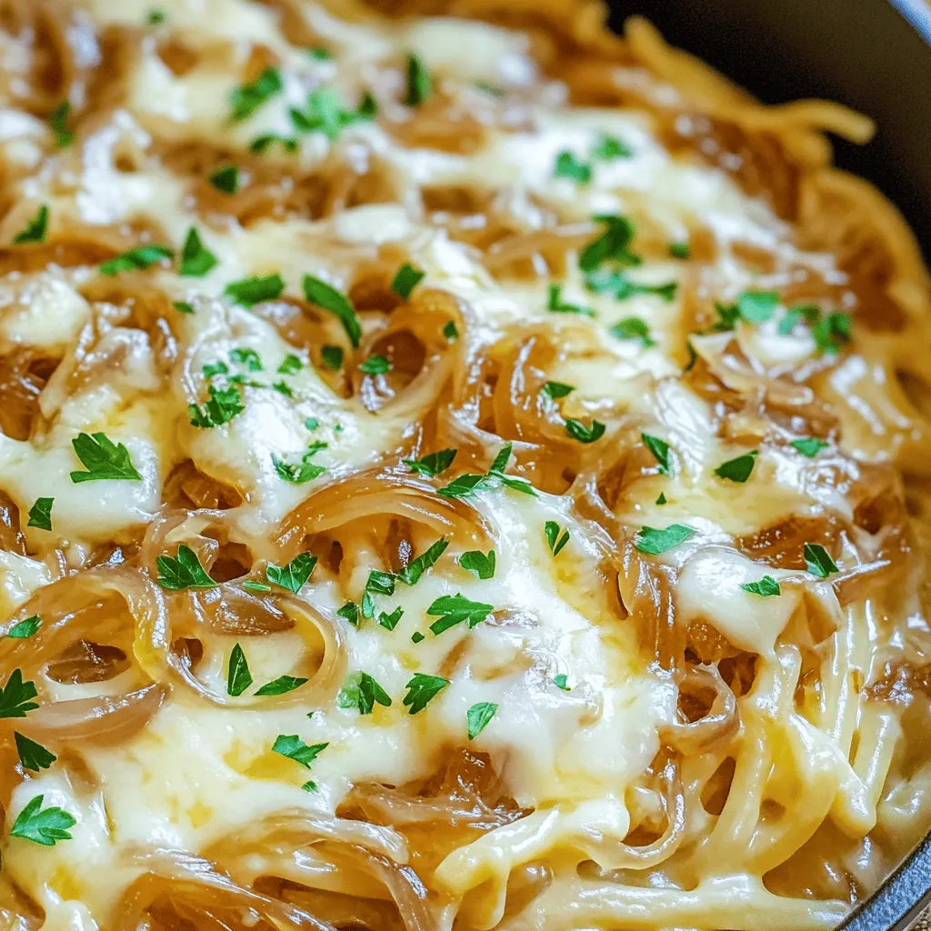 - Pasta (250g, z.B. Farfalle oder Penne) - Zwiebeln (2 große, in dünne Scheiben geschnitten) - Butter (2 Esslöffel) - Olivenöl (1 Esslöffel) - Knoblauch (4 Zehen, gehackt) - Gewürze (1 Teelöffel getrockneter Thymian, 1 Teelöffel Zucker) - Gemüsebrühe (4 Tassen) - Frischkäse (150g, gewürfelt) - Gruyère Käse (100g, gerieben) - Salz und Pfeffer (nach Geschmack) - Frische Petersilie (zum Garnieren)
