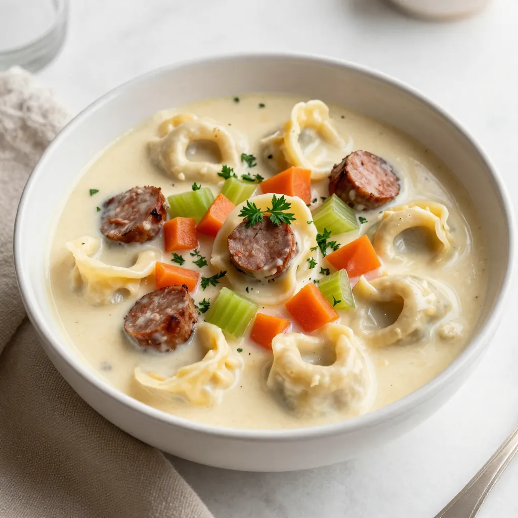 Cremige Tortellini Wurst Suppe herzhaft und einfach