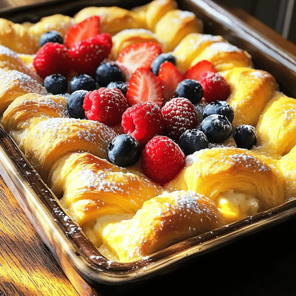 Für diesen leckeren Auflauf brauchst du: - 2 Dosen Kühl-Croissants - 250 g Frischkäse, weich - 100 g Zucker - 1 TL Vanilleextrakt - 2 große Eier - 240 g Sauerrahm - 60 g Puderzucker - 1 TL Zitronensaft - 60 g frische Beeren (Erdbeeren, Heidelbeeren oder Himbeeren) zum Garnieren - Optional: Schlagsahne zum Servieren Jede dieser Zutaten bringt ihren eigenen Geschmack mit. Die Croissants sorgen für einen tollen Teig. Der Frischkäse macht die Füllung cremig und lecker. Zucker und Vanilleextrakt bringen die Süße hinein. Die Eier helfen beim Binden der Masse. Du kannst die Zutaten leicht variieren. Wenn du keinen Frischkäse magst, probiere Ricotta. Für eine vegane Option kannst du pflanzliche Alternativen nutzen. Statt Zucker kannst du Honig oder Ahornsirup verwenden. Verwende auch andere Früchte. Bananen oder Pfirsiche passen gut. Füge Nüsse hinzu, um mehr Crunch zu bekommen. Zimt oder Muskatnuss geben einen besonderen Geschmack. Wähle frische Zutaten aus. Dies macht einen großen Unterschied. Achte darauf, dass der Frischkäse weich ist. So lässt er sich gut vermischen. Die Croissants sollten frisch und knusprig sein. Für die Beeren achte darauf, dass sie reif sind. Sie sollten süß und saftig sein. Kaufe Bio-Zutaten, wenn möglich. So bekommst du die besten Aromen.Zuerst heizen Sie den Ofen auf 175°C vor. Nehmen Sie dann eine 23x33 cm große Auflaufform und fetten Sie sie mit etwas Butter oder antihaftsprühendem Öl ein. Öffnen Sie die Dosen mit den Kühl-Croissants. Rollen Sie die Croissants vorsichtig aus. Legen Sie die Hälfte der Croissants auf den Boden der Auflaufform. Drücken Sie sie leicht zusammen, damit eine durchgehende Schicht entsteht. In einer großen Schüssel nehmen Sie den weichen Frischkäse. Schlagen Sie ihn mit einem elektrischen Mixer cremig. Fügen Sie nach und nach den Zucker hinzu. Mixen Sie weiter, bis die Mischung glatt ist. Geben Sie den Vanilleextrakt dazu. Fügen Sie dann die Eier nacheinander hinzu und mixen Sie gut nach jeder Zugabe. Jetzt kommt der Sauerrahm, Puderzucker und Zitronensaft. Vorsichtig unterheben, bis alles gut vermischt ist. Gießen Sie die Käsekuchenfüllung gleichmäßig über die erste Croissant-Schicht. Verteilen Sie sie mit einem Spatel. Rollen Sie die restlichen Croissants aus und legen Sie diese sanft auf die Füllung. Das muss nicht perfekt sein; ein rustikales Aussehen ist charmant. Backen Sie den Auflauf 30-35 Minuten lang, bis die Oberseite goldbraun ist. Lassen Sie ihn 10 Minuten abkühlen. Bestreuen Sie ihn mit frischen Beeren für extra Geschmack und Deko. Schneiden Sie ihn in Quadrate und servieren Sie ihn warm oder bei Raumtemperatur. Für einen besonderen Touch, fügen Sie Schlagsahne hinzu.Um den besten Käsekuchen-Croissant-Rollen-Auflauf zu machen, achte auf die Frische der Croissants. Sie sollten weich und gut aufgegangen sein. Verwende Frischkäse, der gut temperiert ist. So mischt er sich leicht mit den anderen Zutaten. Rühre die Käsekuchenfüllung sanft, um Luftblasen zu vermeiden. Das gibt dir eine glatte und cremige Konsistenz. Backe den Auflauf, bis die Oberseite goldbraun ist. Dies zeigt an, dass er richtig gebacken ist. Ein häufiger Fehler ist, die Croissants nicht richtig zu drücken. Das führt zu einer ungleichmäßigen Schicht. Achte darauf, die Füllung gleichmäßig zu verteilen. Wenn du die Füllung nicht gut vermischst, bekommst du Klumpen. Das schmeckt nicht gut. Überprüfe die Backzeit genau. Wenn du ihn zu lange backst, wird der Auflauf trocken. Halte dich an die Zeit in der Anleitung. Lass den Auflauf nach dem Backen etwa 10 Minuten abkühlen. So setzt sich die Füllung und wird leichter zu schneiden. Schneide ihn in Quadrate, wenn er warm ist. Du kannst ihn auch bei Raumtemperatur servieren. Garniere den Auflauf mit frischen Beeren. Diese bringen Farbe und Frische. Wenn du magst, füge etwas Schlagsahne hinzu. Das macht jedes Stück noch köstlicher.{{image_4}} Ich liebe es, mit verschiedenen Beeren zu experimentieren. Erdbeeren, Himbeeren und Heidelbeeren passen perfekt zu diesem Auflauf. Sie verleihen jedem Biss einen frischen Geschmack. Wenn Sie die Beeren in die Füllung mischen, werden sie weich und süß. Alternativ können Sie die Beeren auch als Topping verwenden. Das sieht nicht nur schön aus, sondern gibt dem Auflauf auch eine fruchtige Note. Im Herbst kann ich mir gut Zimt und Muskatnuss in der Füllung vorstellen. Diese Gewürze geben dem Auflauf eine warme, gemütliche Note. Einfach etwas Zimt und Muskatnuss in die Käsekuchenfüllung mischen. Das bringt eine ganz neue Dimension in den Geschmack. Sie können auch Kürbispüree hinzufügen, um eine herzhaftere Variante zu kreieren. Ich finde, dass diese Kombination perfekt für die kühle Jahreszeit ist. Für eine vegane Version können wir den Frischkäse durch eine Mischung aus Cashewkernen und Kokosjoghurt ersetzen. Dies ergibt eine cremige und leckere Füllung. Verwenden Sie auch pflanzlichen Zucker und Milch, um die Füllung zu süßen. Diese Optionen sind einfach und lecker. So kann jeder den Käsekuchen-Croissant-Rollen-Auflauf genießen. Probieren Sie die vegane Variante aus und entdecken Sie neue Geschmäcker.Lagern Sie übrig gebliebenen Käsekuchen-Croissant-Rollen-Auflauf in einem luftdichten Behälter. Dies hält ihn frisch. Lassen Sie den Auflauf zuerst auf Raumtemperatur abkühlen. Decken Sie ihn dann gut ab. Im Kühlschrank bleibt er bis zu drei Tage lecker. Zum Aufwärmen heizen Sie den Ofen auf 175°C vor. Legen Sie die Stücke in eine Auflaufform. Bedecken Sie sie mit Folie, um ein Austrocknen zu verhindern. Backen Sie sie für etwa 15-20 Minuten. Alternativ können Sie die Stücke auch in der Mikrowelle erwärmen. Erhitzen Sie sie in kurzen Intervallen. Prüfen Sie regelmäßig, damit sie nicht überhitzen. Der Käsekuchen-Croissant-Rollen-Auflauf hält sich im Kühlschrank drei bis vier Tage. Bei richtiger Lagerung ist er auch gut gefroren. Frieren Sie ihn in Portionen ein. So können Sie ihn später genießen. Im Gefrierschrank bleibt er bis zu drei Monate frisch. Lassen Sie ihn vor dem Servieren im Kühlschrank auftauen. Die Zubereitung dauert nur 15 Minuten. Das Backen nimmt etwa 30-35 Minuten in Anspruch. Insgesamt sind es rund 50 Minuten von Anfang bis Ende. So kannst du schnell ein leckeres Dessert zaubern. Ja, du kannst die Füllung im Voraus zubereiten. Bereite sie einfach einen Tag vorher zu und stelle sie in den Kühlschrank. Am Backtag musst du nur die Croissants und die Füllung zusammenbringen. Das spart Zeit und macht das Kochen leichter. Dieser Auflauf schmeckt hervorragend mit frischen Beeren. Du kannst auch Schlagsahne oder Vanilleeis dazu servieren. Ein Spritzer Zitronensaft kann den Geschmack noch verstärken. Diese Beilagen machen dein Dessert noch besser!Im Blogbeitrag haben wir den köstlichen Käsekuchen-Croissant-Rollen-Auflauf behandelt. Ich habe die Hauptzutaten, Alternativen und wichtige Tipps zur Auswahl vorgestellt. Wir sind dann Schritt für Schritt durch die Zubereitung gegangen. Ich habe wertvolle Tipps gegeben, um Fehler zu vermeiden und den Auflauf perfekt zu servieren. Variationen mit Früchten und veganen Alternativen erweitern die Möglichkeiten. Zum Schluss habe ich erklärt, wie Sie den Auflauf richtig lagern und aufwärmen. Experimentieren Sie mit diesen Ideen und genießen Sie diesen leckeren Klassiker in jeder Form!