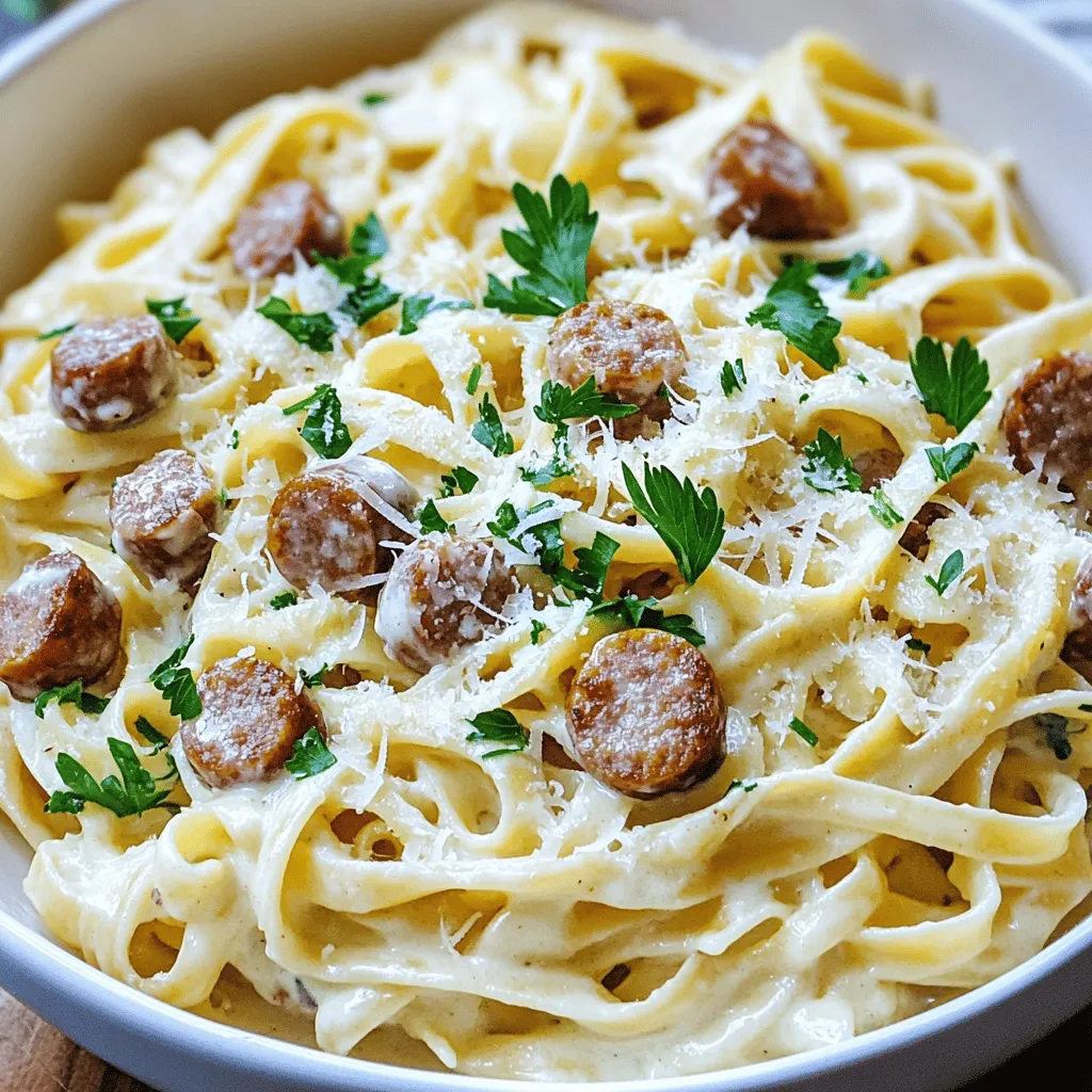 Für die perfekte Sausage Alfredo Pasta benötigen wir folgende Hauptzutaten: - 225 g Fettuccine-Nudeln - 1 Esslöffel Olivenöl - 450 g italienische Bratwurst (mild oder scharf, Häute entfernt) - 4 Knoblauchzehen, fein gehackt - 240 ml Sahne - 100 g frisch geriebener Parmesan - 1 Teelöffel italienische Gewürzmischung - Salz und Pfeffer nach Geschmack - Frische Petersilie, gehackt (zum Garnieren) - Extra Parmesan (zum Servieren) Diese Zutaten bilden die Grundlage für ein köstliches Gericht. Die Fettuccine sind perfekt für die cremige Sauce. Die Bratwurst sorgt für einen herzhaften Geschmack. Frische Kräuter sind der Schlüssel zu einem lebendigen Gericht. Hier sind einige, die ich empfehle: - Frische Petersilie - Basilikum - Oregano Die Petersilie bringt Frische und Farbe. Basilikum fügt einen süßen Duft hinzu. Oregano gibt dem Gericht Tiefe und Geschmack. Verwende diese Kräuter, um das Gericht zu verfeinern. Um die Sausage Alfredo Pasta zuzubereiten, brauchst du einige einfache Utensilien: - Großer Topf für die Nudeln - Große Pfanne für die Wurst und Sauce - Holzlöffel zum Rühren - Sieb zum Abgießen der Nudeln Diese Geräte machen das Kochen leicht und schnell. Sie helfen dir, die verschiedenen Schritte einfach zu verfolgen. Mit diesen Utensilien kannst du die komplette Zubereitung sicher und effizient meistern. Um die Fettuccine perfekt zu kochen, bringt zuerst einen großen Topf mit Wasser zum Kochen. Füge dann Salz hinzu. Das hilft, den Nudeln Geschmack zu geben. Gib die Fettuccine hinein und koche sie nach Packungsanweisung al dente. Das bedeutet, sie sind bissfest. Wenn sie fertig sind, gieße sie ab. Vergiss nicht, etwa 120 ml Nudelwasser aufzuheben. Das wird später wichtig. Nehme eine große Pfanne und erhitze das Olivenöl bei mittlerer Hitze. Füge die italienische Bratwurst hinzu. Mit einem Holzlöffel zerbrichst du die Wurst in kleine Stücke. Brate sie 5 bis 7 Minuten lang, bis sie goldbraun ist. Achte darauf, dass sie gut durchgegart ist. Das sorgt für tollen Geschmack. Jetzt kommt der spannende Teil! Füge den fein gehackten Knoblauch zur Wurst in die Pfanne. Brate ihn 1 bis 2 Minuten, bis er duftet. Dann gieße die Sahne in die Pfanne. Rühre alles gut um und bringe die Mischung sanft zum Köcheln. Jetzt kommt der Parmesan! Rühre ihn ein, bis er schmilzt und die Sauce cremig wird. Gib die italienische Gewürzmischung sowie Salz und Pfeffer nach Geschmack dazu. Es ist Zeit, die Nudeln hinzuzufügen! Gib die gekochten Fettuccine in die Pfanne. Rühre alles gut um, damit die Nudeln die Sauce aufnehmen. Wenn die Sauce zu dick ist, füge langsam etwas von dem aufbewahrten Nudelwasser hinzu. So wird alles schön cremig und lecker. Zum Servieren nimm die Pfanne vom Herd. Garniere das Gericht mit frisch gehackter Petersilie und zusätzlichem Parmesan. Das sieht nicht nur gut aus, sondern schmeckt auch fantastisch. Du kannst die Pasta direkt auf den Tellern anrichten oder in einer großen Schüssel servieren.Um die Alfredo-Sauce noch cremiger zu machen, gibt es einige einfache Tipps. Zuerst sollten Sie die Sahne langsam erhitzen. Kochen Sie sie nicht zu stark. Fügen Sie dann den Parmesan nach und nach hinzu. Rühren Sie gut, damit er schmilzt. Wenn die Sauce zu dick ist, geben Sie etwas Nudelwasser hinzu. Es macht die Sauce dünner und cremiger. Ein weiterer Trick ist, Frischkäse oder Mascarpone hinzuzufügen. Dies verleiht der Sauce mehr Struktur und Geschmack. Sausage Alfredo Pasta passt gut zu verschiedenen Beilagen. Ein einfacher gemischter Salat bringt Frische. Sie können auch geröstetes Gemüse servieren, wie Zucchini oder Paprika. Knoblauchbrot ist eine weitere leckere Option. Es ergänzt die Sauce perfekt. Eine Scheibe frisches Baguette ist auch ideal, um die Sauce aufzutunken. Ein häufiger Fehler ist, die Wurst zu lange zu braten. Sie sollte goldbraun sein, aber nicht zu trocken. Ein weiterer Fehler ist, die Sauce zu stark zu kochen. Sie verliert dann ihre Cremigkeit. Achten Sie darauf, die Nudeln nicht zu überkochen. Sie sollten al dente sein, damit sie gut mit der Sauce harmonieren. Schließlich sollten Sie die Sauce immer gut würzen. Ein bisschen Salz und Pfeffer machen einen großen Unterschied im Geschmack. {{image_4}} Wenn du eine vegetarische Option möchtest, probiere sojabasierte Wurst oder Linsen. Diese Alternativen bieten einen ähnlichen Geschmack und eine gute Textur. Du kannst auch gebratene Champignons oder Zucchini hinzufügen. Sie bringen Frische und einen tollen Geschmack in das Gericht. Vegetarische Wurst gibt es in vielen Geschmacksrichtungen. So kannst du die perfekte Wahl für dein Gericht finden. Um mehr Geschmack zu erzielen, füge etwas Spinat oder Erbsen hinzu. Diese Zutaten bringen Farbe und Nährstoffe. Auch eine Prise Muskatnuss kann die Sauce aufpeppen. Wenn du es schärfer magst, probiere rote Pfefferflocken oder frische Chilis. Diese kleinen Änderungen machen das Gericht noch interessanter und leckerer. Wenn du glutenfrei kochen möchtest, nutze glutenfreie Nudeln. Diese sind leicht erhältlich und schmecken hervorragend. Für eine laktosefreie Version kannst du pflanzliche Sahne und Käse verwenden. Diese Produkte sind oft cremig und lecker. So kannst du das Gericht nach deinen Bedürfnissen anpassen und genießen.Um deine übrig gebliebene Sausage Alfredo Pasta richtig zu lagern, lege sie in einen luftdichten Behälter. Lass die Pasta zuerst auf Raumtemperatur abkühlen. So bleibt der Geschmack frisch und die Textur bleibt gut. Wenn du das Gericht aufwärmen möchtest, benutze eine Pfanne. Füge einen Schuss Wasser oder Sahne hinzu, um die Sauce cremig zu halten. Erhitze die Pasta bei mittlerer Hitze und rühre oft um. So bleibt die Pasta nicht klebrig. Im Kühlschrank bleibt die Sausage Alfredo Pasta etwa 3 bis 4 Tage frisch. Wenn du sie länger aufbewahren möchtest, friere sie ein. Im Gefrierschrank hält sie bis zu 3 Monate. Stelle sicher, dass du die Pasta in einem gefrierfesten Behälter aufbewahrst. Die Zubereitung von Sausage Alfredo Pasta dauert etwa 25 Minuten. Das ist schnell und einfach! In dieser Zeit kochen Sie die Nudeln, braten die Wurst und machen die Sauce. So haben Sie ein leckeres Gericht in kurzer Zeit. Ja, Sie können andere Nudelsorten verwenden! Fettuccine sind perfekt, aber Penne oder Tagliatelle passen auch gut. Experimentieren Sie mit Ihrer Lieblingssorte. Jede Nudel bringt einen eigenen Geschmack und Textur in das Gericht. Ja, dieses Gericht ist kinderfreundlich! Die Wurst ist herzhaft, und die cremige Sauce ist mild. Sie können die Schärfe der Wurst anpassen, um es noch sanfter zu machen. Viele Kinder lieben Pasta mit Sauce. Um eine leichtere Version zu machen, verwenden Sie fettarme Sahne oder Milch. Sie können auch weniger Käse nehmen. Fügen Sie mehr Gemüse hinzu, wie Spinat oder Brokkoli, um das Gericht gesünder zu gestalten. So bleibt der Geschmack lecker und frisch. Sie können die Schärfe der Wurst einfach anpassen. Wählen Sie milde italienische Wurst für wenig Schärfe. Wenn Sie mehr Würze wollen, nehmen Sie scharfe Wurst oder fügen Sie etwas Cayennepfeffer hinzu. So kontrollieren Sie, wie scharf Ihr Gericht wird. Sausage Alfredo Pasta ist ein einfaches, aber leckeres Gericht. Wir haben die Zutaten, die Zubereitung und Tipps besprochen. Frische Kräuter und Gewürze bringen viel Geschmack. Die richtige Technik macht die Sauce cremig und köstlich. Vergessen Sie nicht, Variationen auszuprobieren, um neue Geschmackserlebnisse zu entdecken. Bewahren Sie Reste gut auf, damit nichts verschwendet wird. Jetzt sind Sie bereit, Ihre eigenen Kreationen zu machen. Viel Spaß beim Kochen!