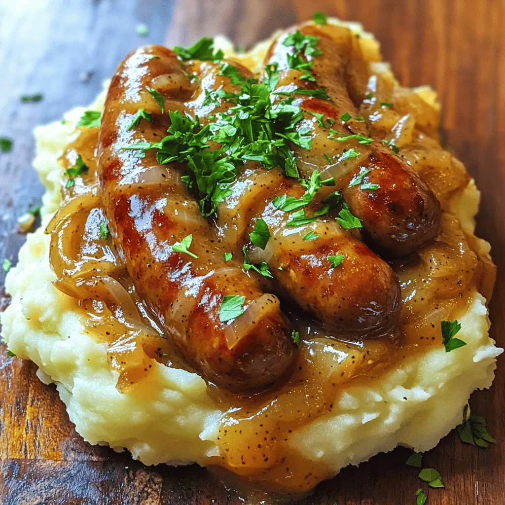 Für ein einfaches Bangers und Mash Rezept sind die Zutaten sehr wichtig. Die Basis sind die Würste und das Kartoffelpüree. Ich empfehle, 6 Würste zu verwenden. Du kannst zwischen Schweine- oder Rinderwürsten wählen. Die beste Wurst für Bangers und Mash ist eine, die gut gewürzt ist. Wenn du die Würste anbrätst, bekommst du einen tollen Geschmack.