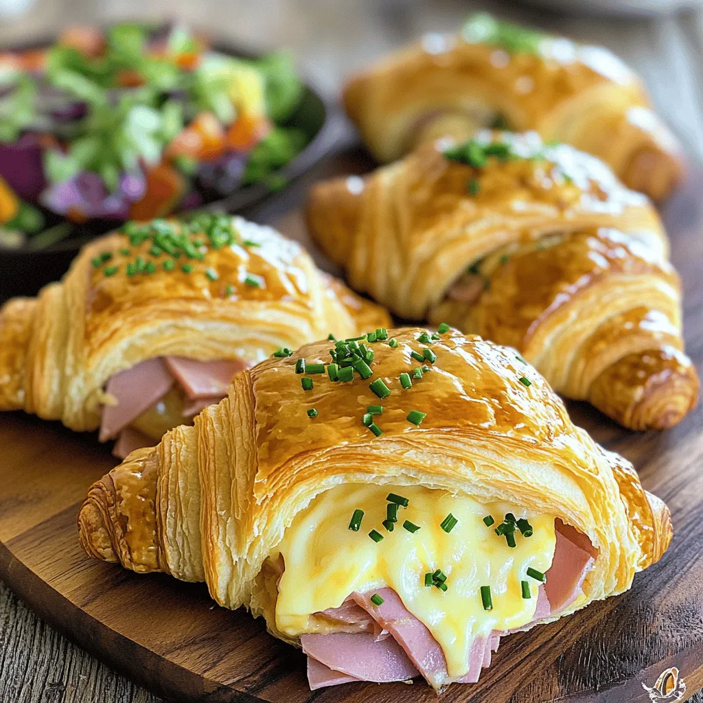 Um einen Buttery Ham and Cheese Croissant zuzubereiten, brauchst du einige Hauptzutaten. Du benötigst große Croissants, Kochschinken, Gruyère-Käse und Butter. Dijon-Senf und frische Schnittlauch bringen extra Geschmack. Denke daran, Salz und Pfeffer für die Würze hinzuzufügen.