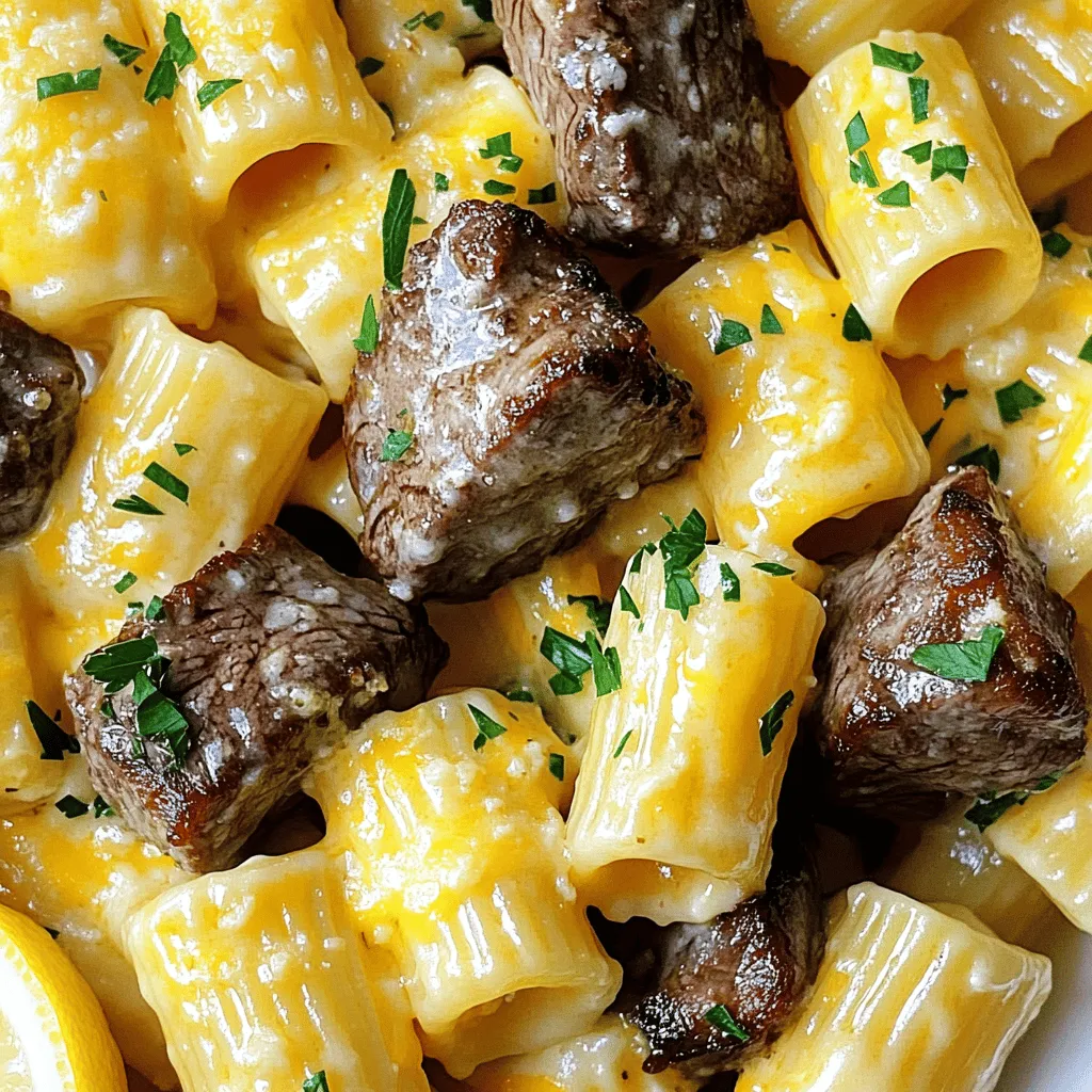 Knoblauch-Butter-Steakspitzen mit Käse-Rigatoni
