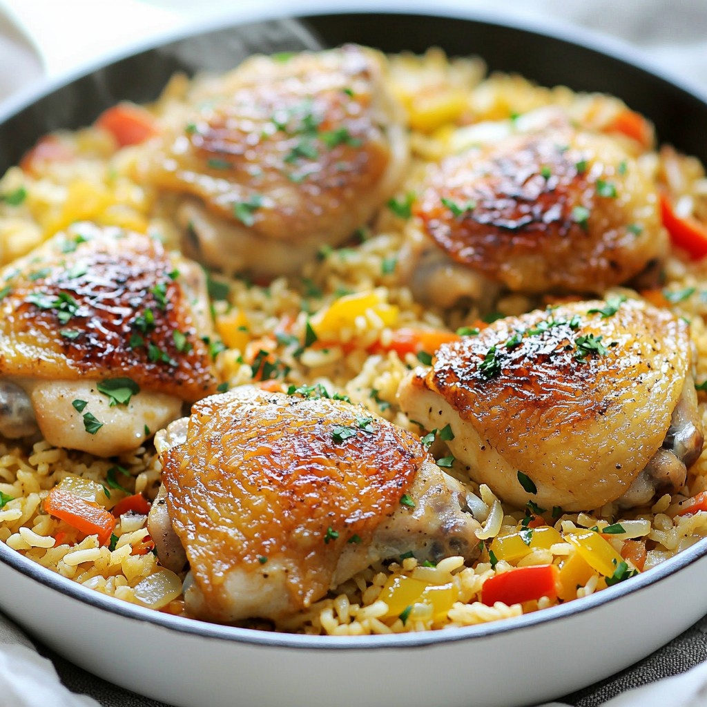 Savory One-Pan Chicken mit Knoblauchreis genießen