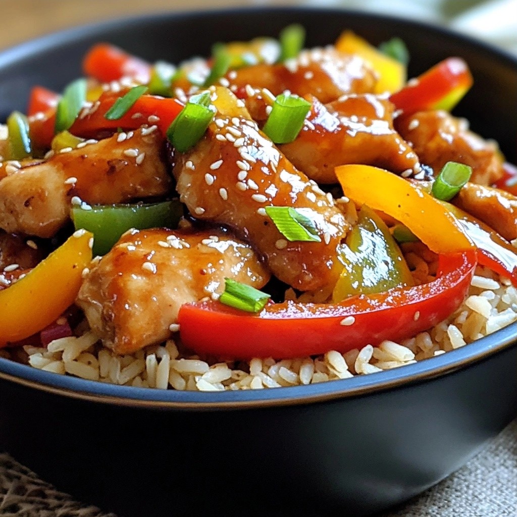 Spicy Chicken Stir-Fry mit braunem Reis köstlich serviert